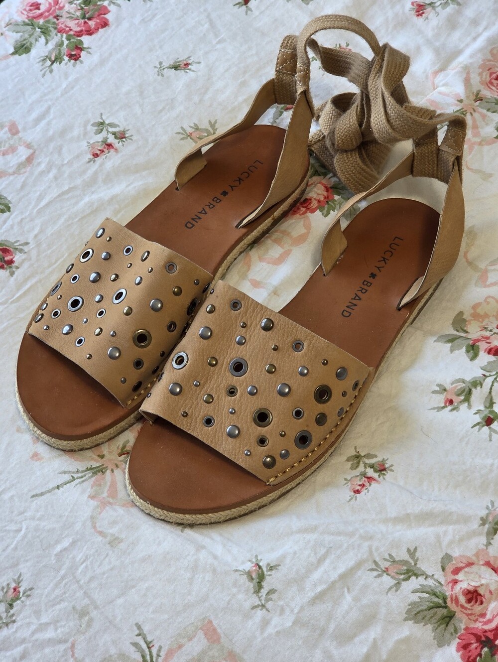 Lucky Brand Daytah Tan Leather Grommet Espadrille Lace Up Sandal Boho 7 Festival